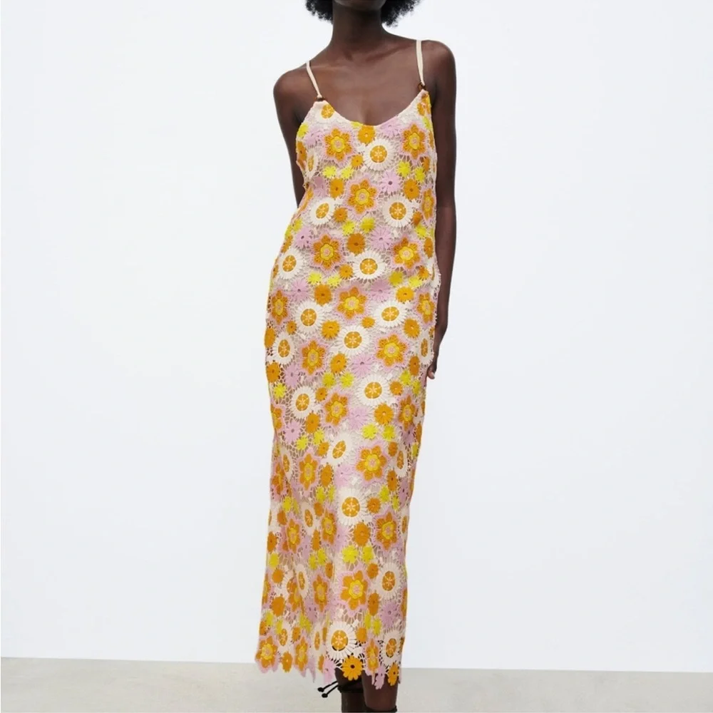 NWT Zara Flower Crochet Eyelet Midi Dress - Picture 3 of 9